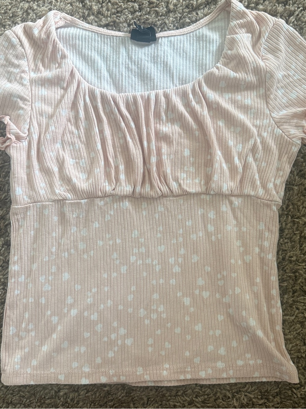 Light Pink Ribbed Scoop Neck Top with White heart Pattern